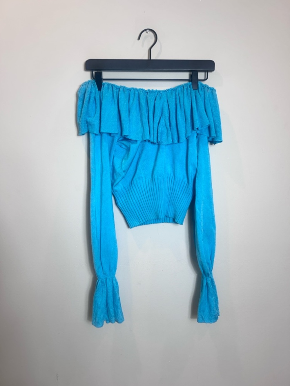 Cache Off-Shoulder Ruffle Silk Top in Turquoise - Picture 5 of 5